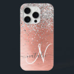 Rose Gold Pretty Girly Silver Glitter Sparkly iPhone 15 Pro Case<br><div class="desc">Easily personalise this trendy chic phone case design featuring pretty silver sparkling glitter on a rose gold brushed metallic background.</div>