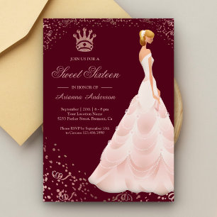 Rose Gold Princess Dress Burgundy Sweet Sixteen Invitation