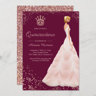 Rose Gold Princess Dress Magenta Quinceanera Invitation