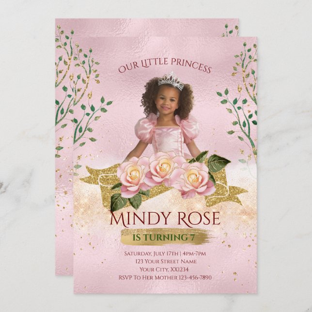 Rose Gold Princess Kids Birthday Invitation (Front/Back)