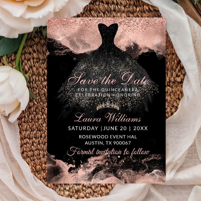 Rose Gold Princess Quinceañera Save the Date (Rose gold & Black Princess Quinceañera birthhday save the date)