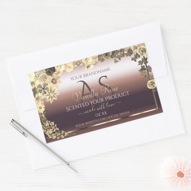Rose Gold Product Label Cream Flowers and Monogram (Envelope)