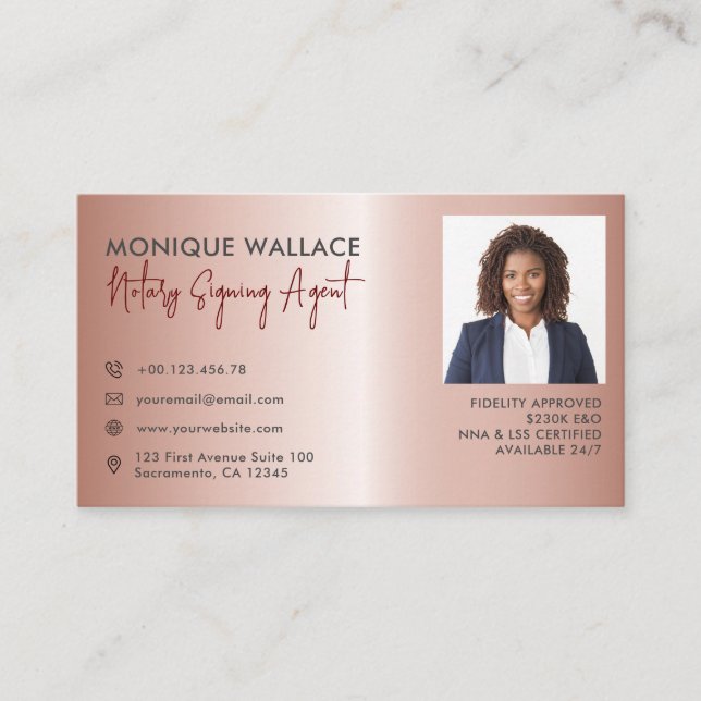 Rose Gold  Professional Photo Notary Service Business Card (Front)