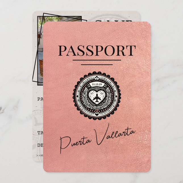 Rose Gold Puerta Vallarta Passport Save The Date (Front/Back)