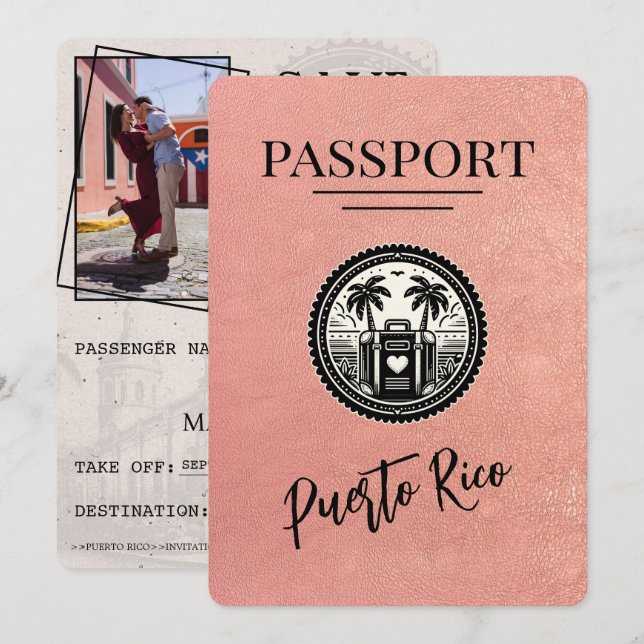 Rose Gold Puerto Rico Passport Save The Date (Front/Back)