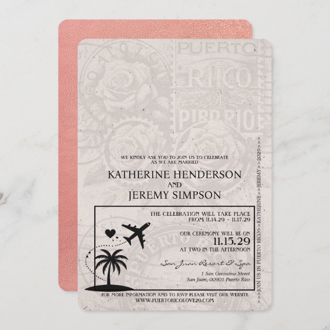 Rose Gold Puerto Rico Passport Wedding Invitation (Front/Back)