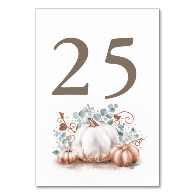 Rose Gold Pumpkin Fall Wedding Table Number Cards (Front)