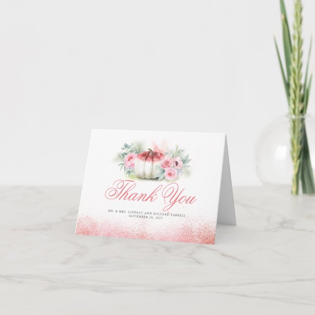 Rose Gold Pumpkin Fall Wedding Thank You Card (Front)