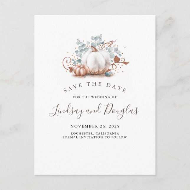 Rose Gold Pumpkins Fall Save the Date Announcement Postcard (Front)