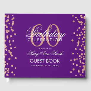 Rose Gold Purple 60th Birthday Glitter Confetti Guest Book