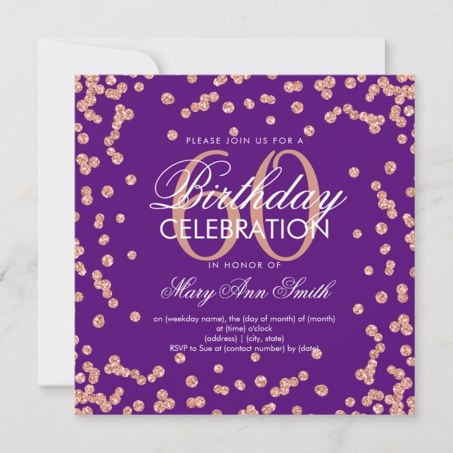Rose Gold Purple 60th Birthday Glitter Confetti Invitation (Front)