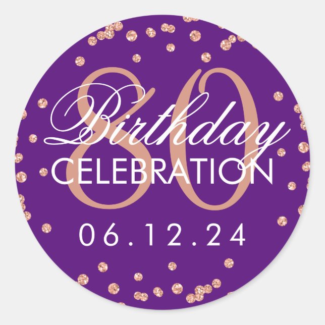 Rose Gold Purple 80th Birthday Glitter Confetti Classic Round Sticker (Front)