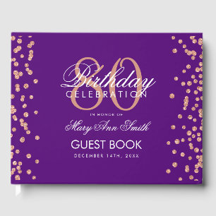 Rose Gold Purple 80th Birthday Glitter Confetti Guest Book