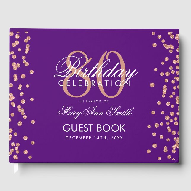 Rose Gold Purple 80th Birthday Glitter Confetti Guest Book (Front)