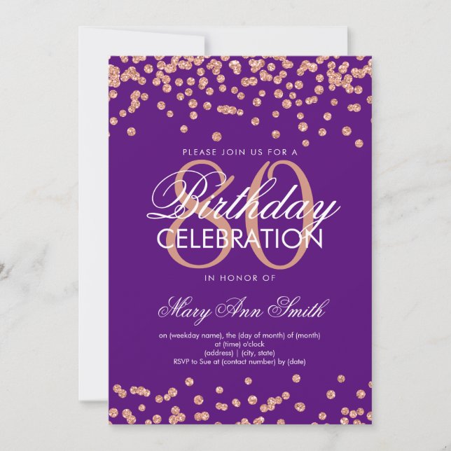 Rose Gold Purple 80th Birthday Glitter Confetti Invitation (Front)