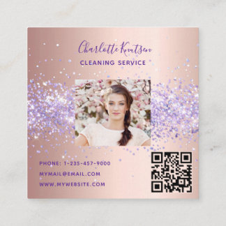 Rose gold purple cleaning service photo qr code square business card