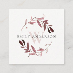 ROSE GOLD PURPLE FLORA INITIAL WREATH PROFESSIONAL SQUARE BUSINESS CARD