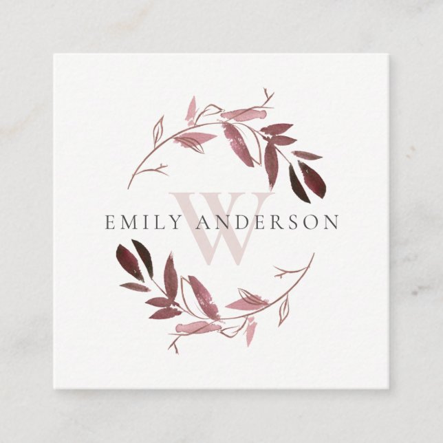 ROSE GOLD PURPLE FLORA INITIAL WREATH PROFESSIONAL SQUARE BUSINESS CARD (Front)