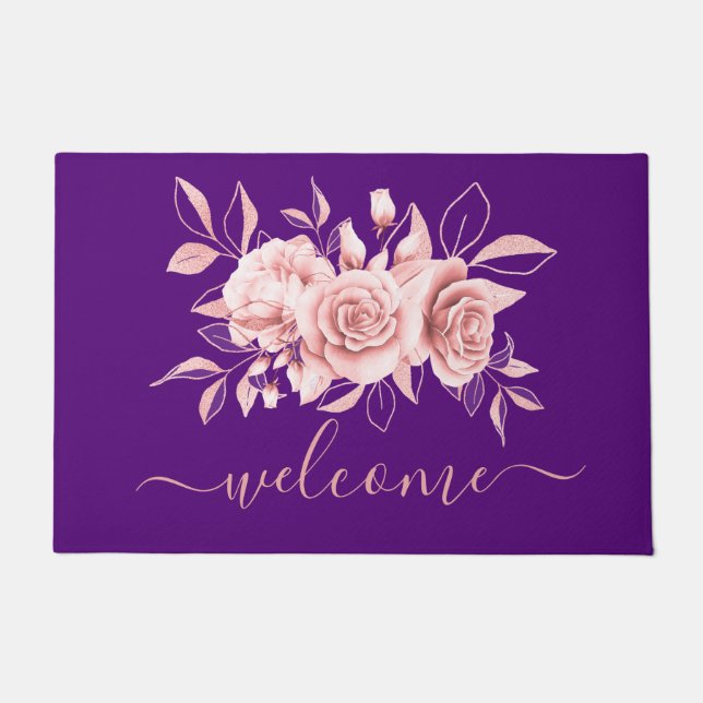 Rose Gold Purple Floral Watercolor "Welcome" Doormat (Front)