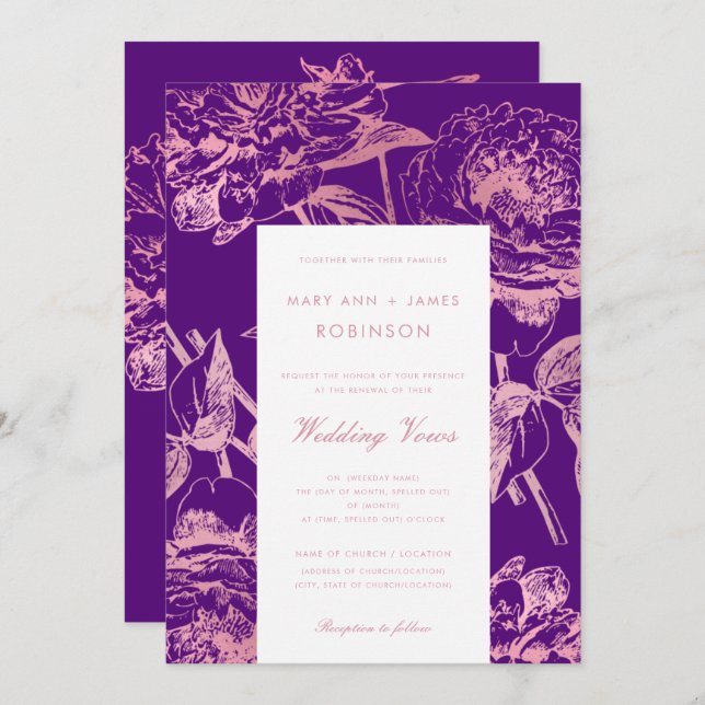 Rose Gold Purple Floral Wedding Vow Renewal Invitation (Front/Back)
