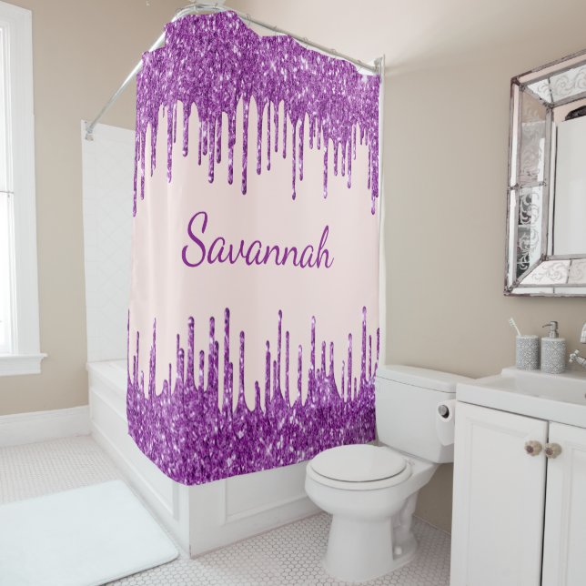 Rose gold purple glitter drips monogram script shower curtain (In Situ)