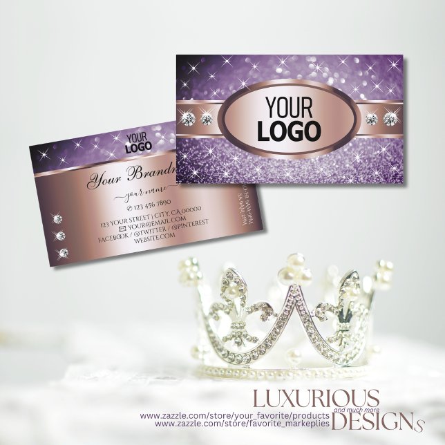 Rose Gold Purple Glitter Stars Diamonds add Logo Business Card (Creator Uploaded)