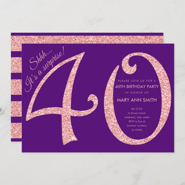 Rose Gold Purple Glitter Surprise 40th Birthday Invitation (Front/Back)
