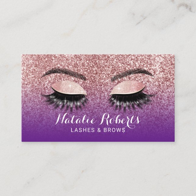 Rose Gold Purple Ombre Eyelash Extensions Salon Business Card (Front)
