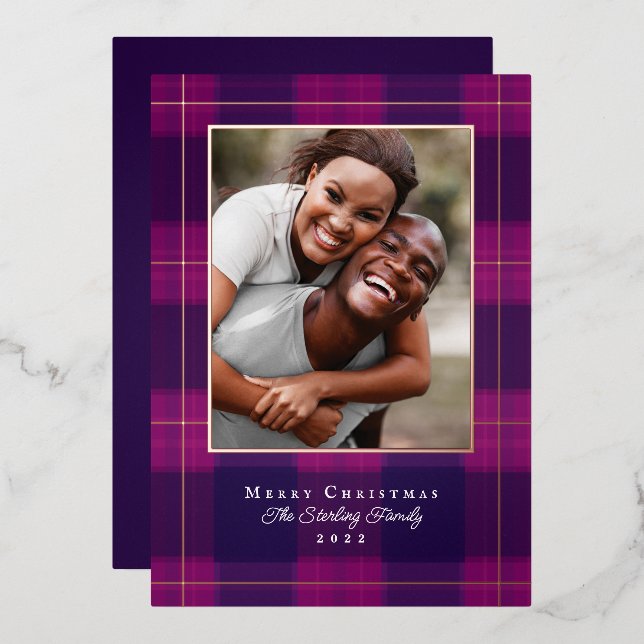 Rose Gold & Purple Plaid Foil Holiday Photo Card (Front/Back)