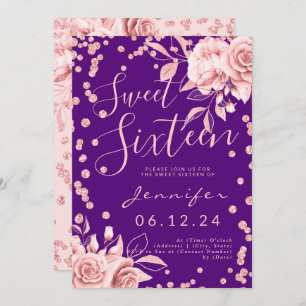 Rose Gold Purple Sweet 16 Glitter Confetti Floral Invitation