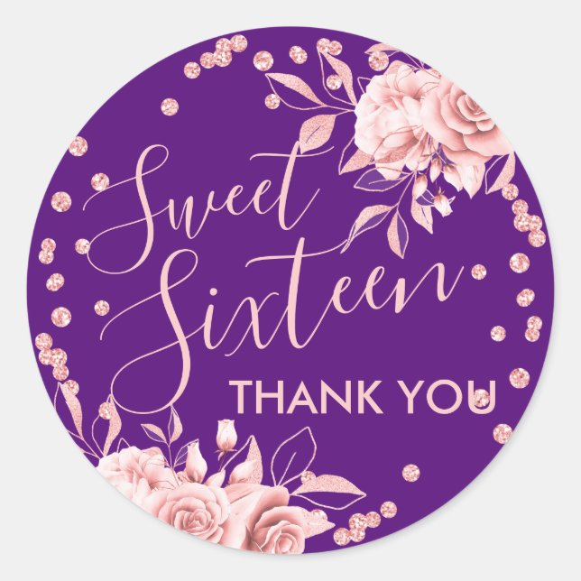 Rose Gold Purple Sweet 16 Thank You Floral Glitter Classic Round Sticker (Front)