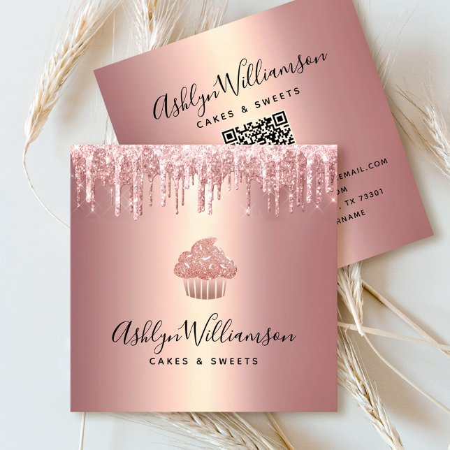 Rose Gold QR Code Cupcake Glitter Drips Bakery Square Business Card (Creator Uploaded)