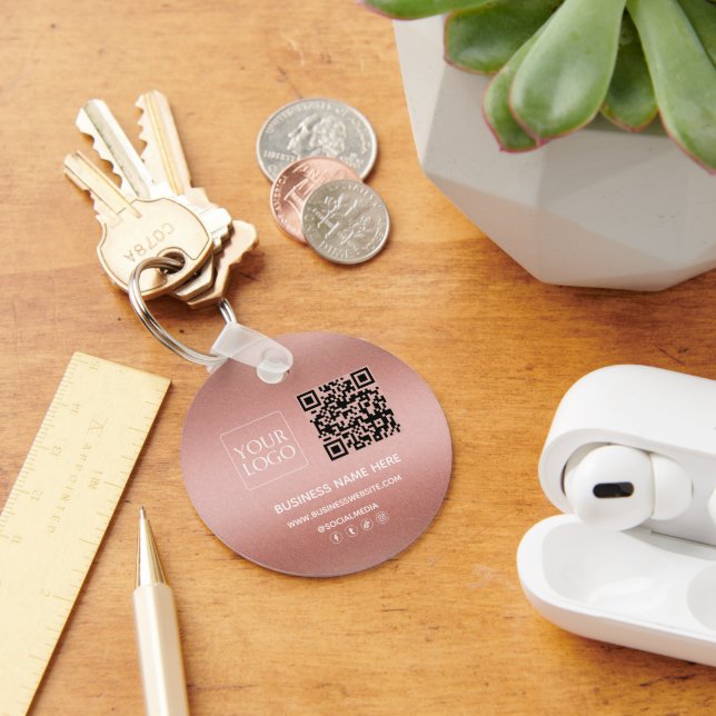 Rose Gold QR Code Logo Website Social Media Key Ring (Desk)