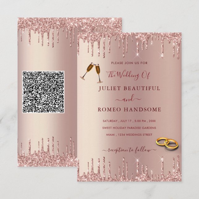 Rose Gold QR Code Wedding Invitation Template (Front/Back)