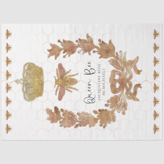 Rose Gold Queen Bee Crown Baby Name Decoupage Tissue Paper (Front)