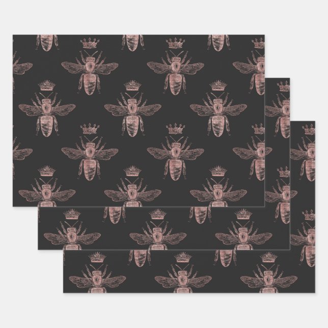 Rose Gold Queen Bees on Black Wrapping Paper Sheet (Set)