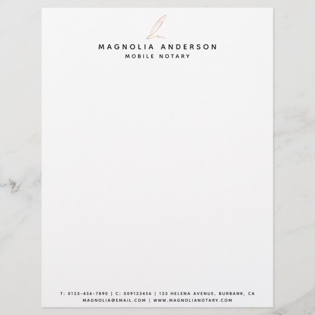 Rose Gold Quill Mobile Notary Custom Letterhead (Front)
