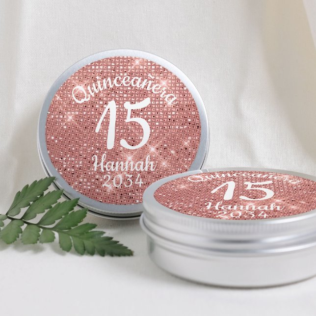 Rose Gold Quinceañera 15th Birthday Favours Tin Classic Round Sticker (Rose Gold Quinceañera 15th Birthday Favors Tin Classic Round Sticker
)
