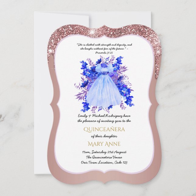 Rose Gold Quinceañera BLUE Floral Elegant Invitation (Front)