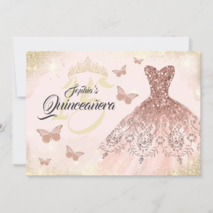 Rose Gold Quinceanera Butterfly Dress  Invitation
