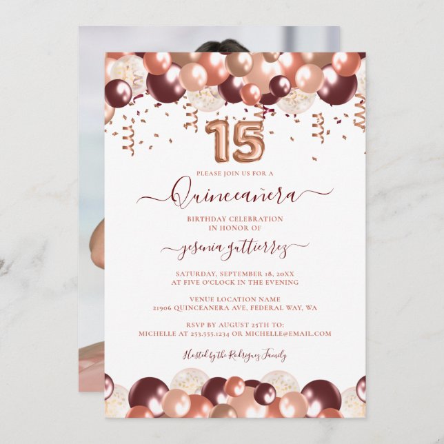 Rose Gold Quinceañera Glitter Balloon Photo Invitation (Front/Back)