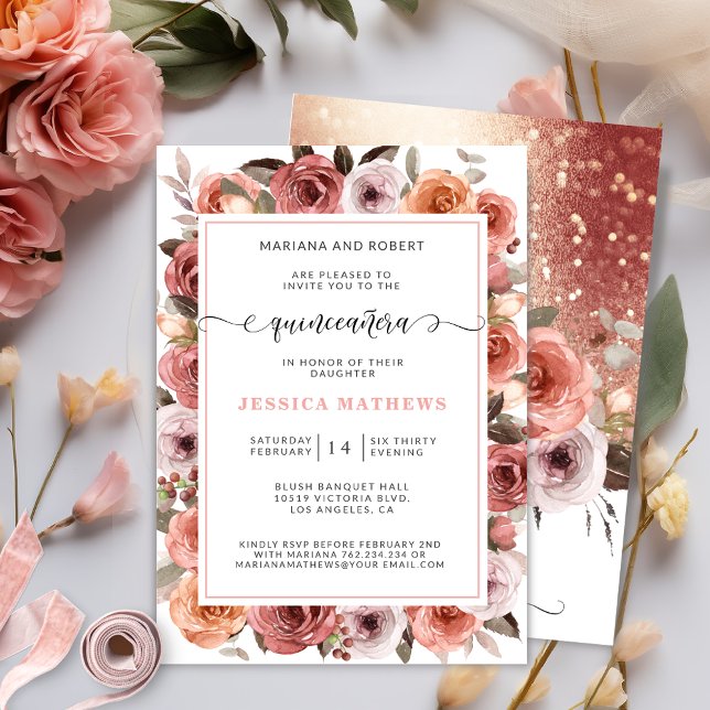 Rose Gold Quinceañera with Pink and Blush Floral Invitation (Creator Uploaded)