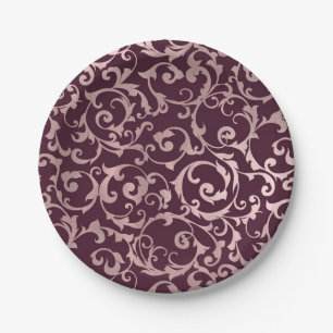 Rose Gold Raspberry Wine Modern Elegant Wedding Paper Plate
