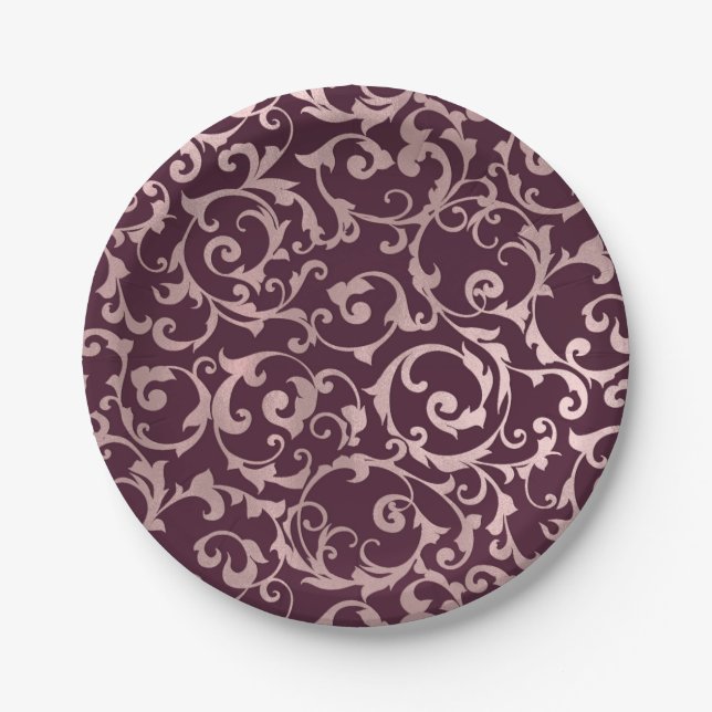 Rose Gold Raspberry Wine Modern Elegant Wedding Paper Plate (Front)