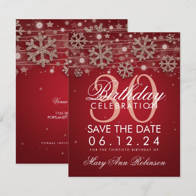 Rose Gold Red 30th Birthday Save Date Winter Invitation (Front/Back)