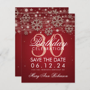 Rose Gold Red 30th Birthday Save Date Winter Invitation