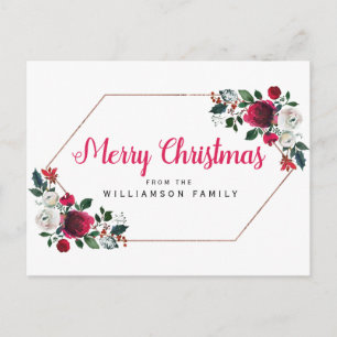 Rose Gold Red Floral Personalised Merry Christmas Holiday Postcard