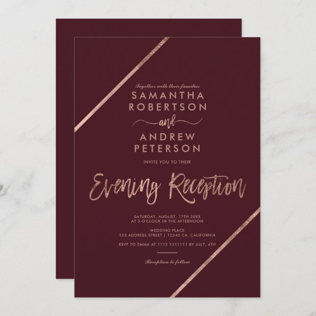 Rose gold red typography evening wedding invitation (Front/Back)