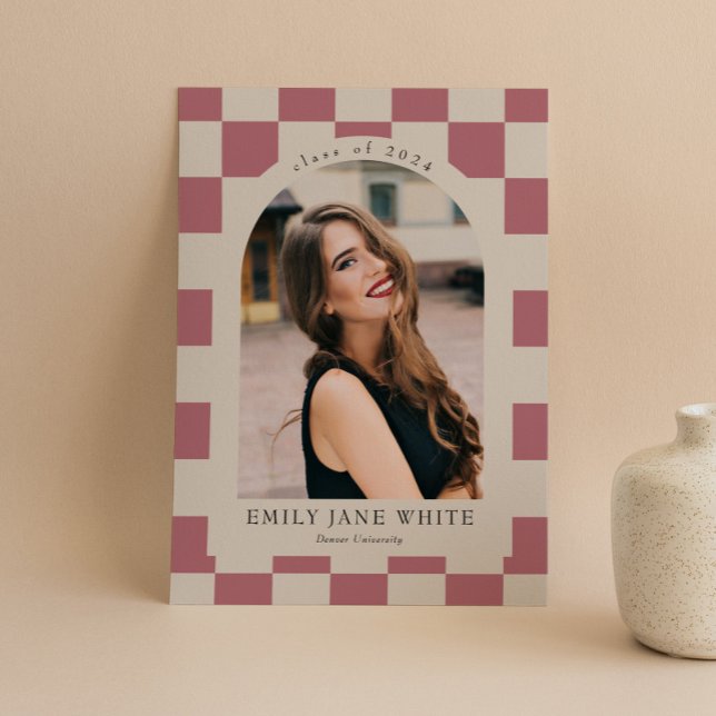 Rose Gold Retro Checkered Arch Photo Graduation Invitation (Creator Uploaded)