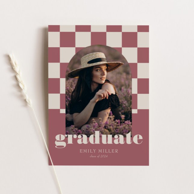Rose Gold Retro Checkered Arch Photo Graduation Invitation (Creator Uploaded)